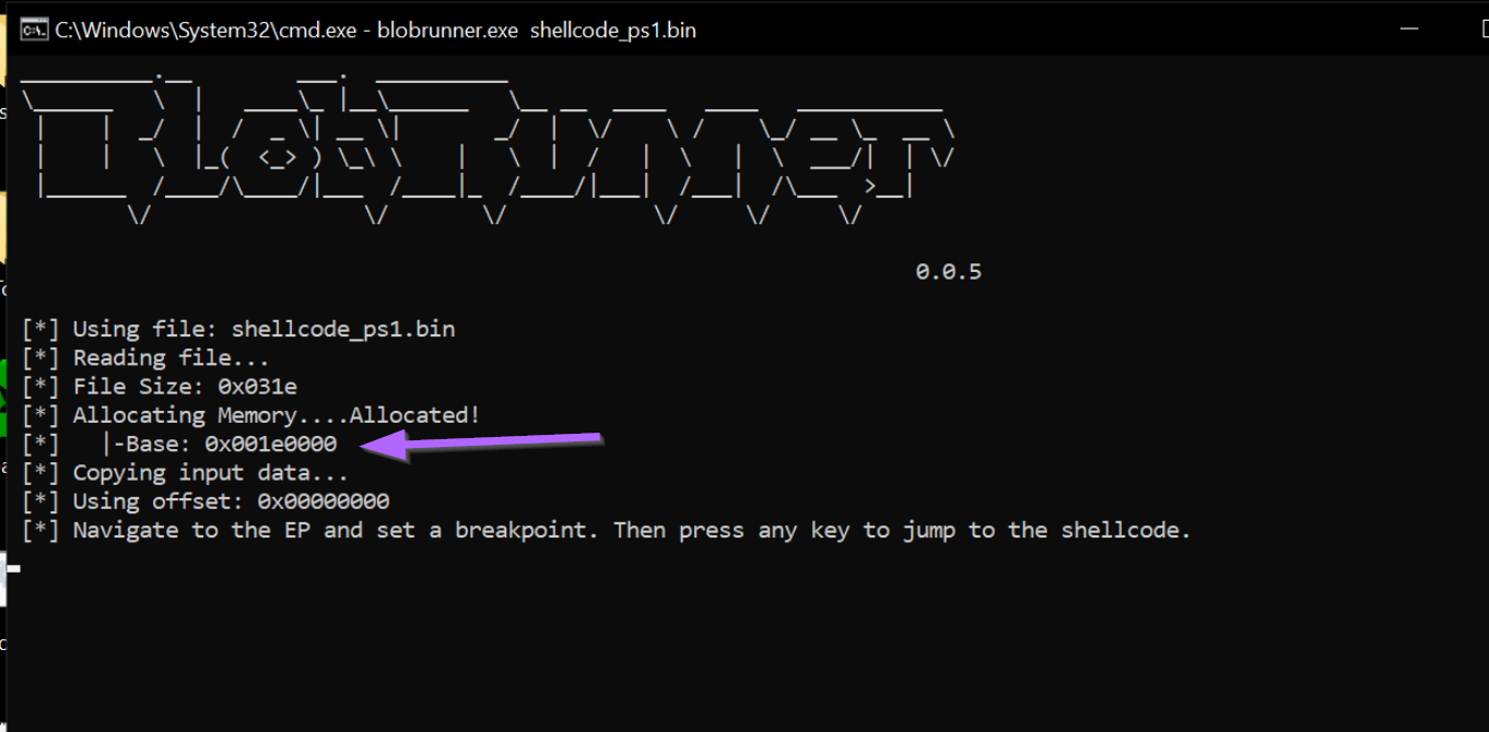 Blobrunner reporting the shellcode mapped at address 0x001e0000