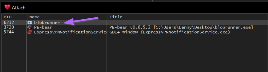 x32dbg File menu showing the Attach option used to attach to Blobrunner