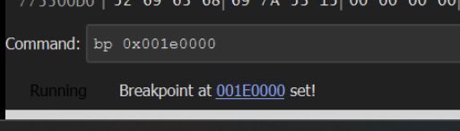 x32dbg command bar entering bp 0x001e0000 to break at the shellcode entry
