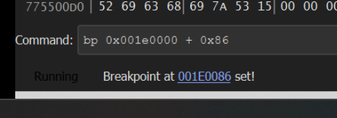 x32dbg breakpoint at 0x001e0000 + 0x86 to break on the JMP EAX dispatch