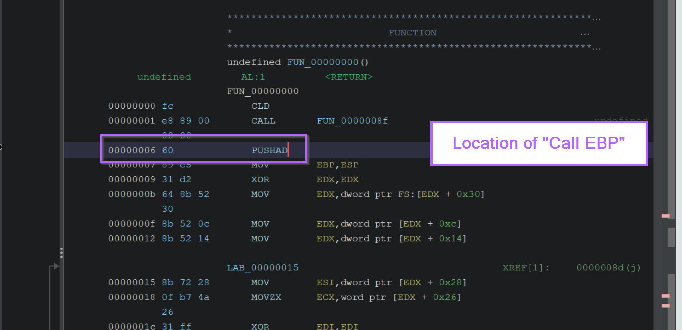 Ghidra showing the instruction that follows the call to FUN_0000008f