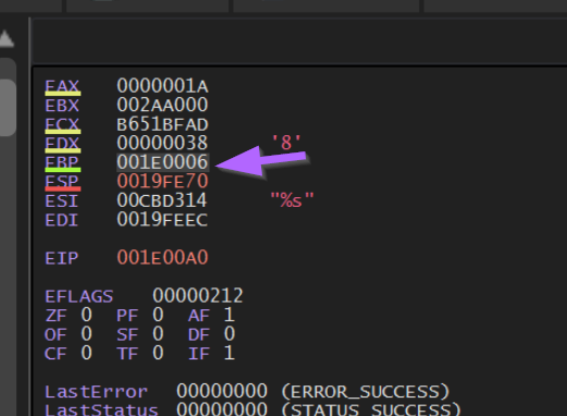 x32dbg register window tracking the EBP value used during CALL EBP operations