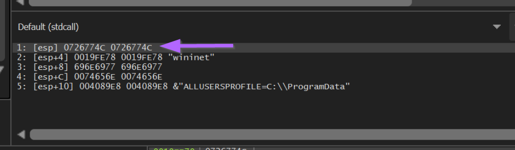 x32dbg stack window showing the hash value 0x726774c at the top of the stack