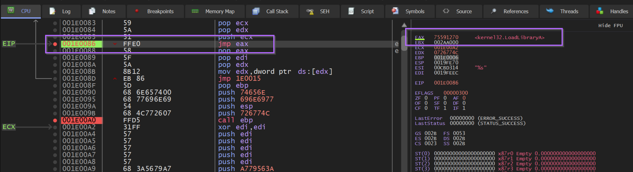 x32dbg register pane showing EAX resolved to the LoadLibraryA address