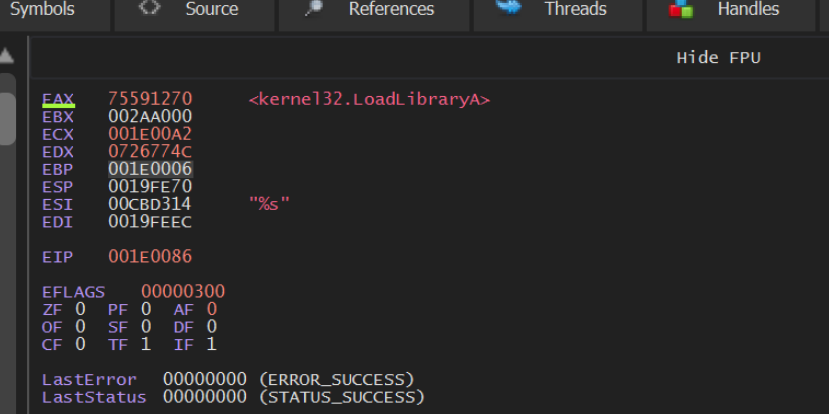 x32dbg register window labeling the resolved API as LoadLibraryA
