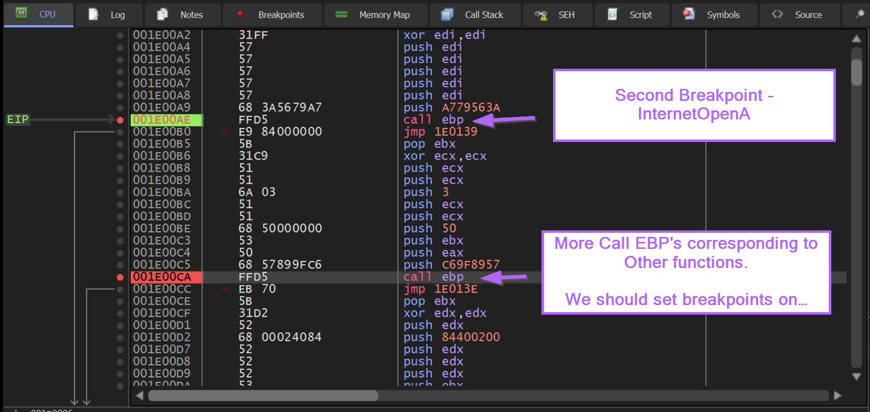 x32dbg second breakpoint stopping on the InternetOpenA hash 0xa779563a