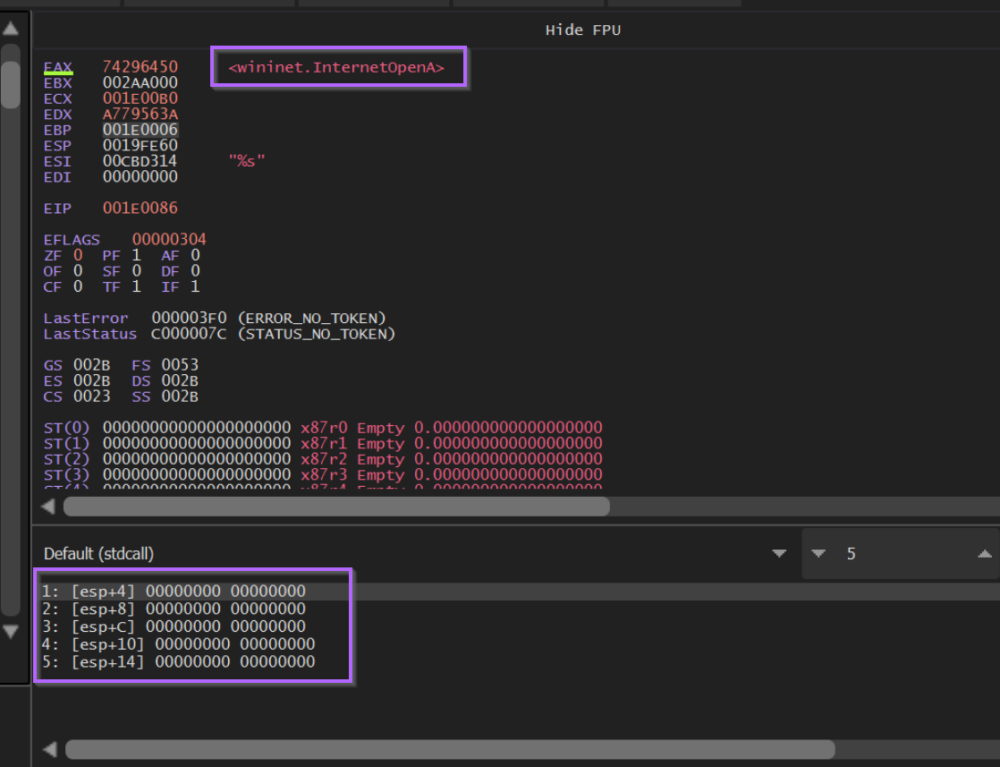 x32dbg JMP EAX dispatch confirming the resolved API is InternetOpenA