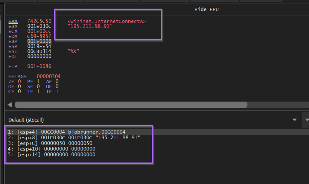 InternetConnectA resolved with the C2 IP address 195.211.98[.]91 visible in arguments