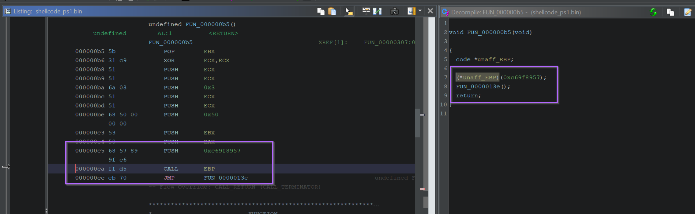 Ghidra showing the hash 0xC69F8957 located at offset 0xCA