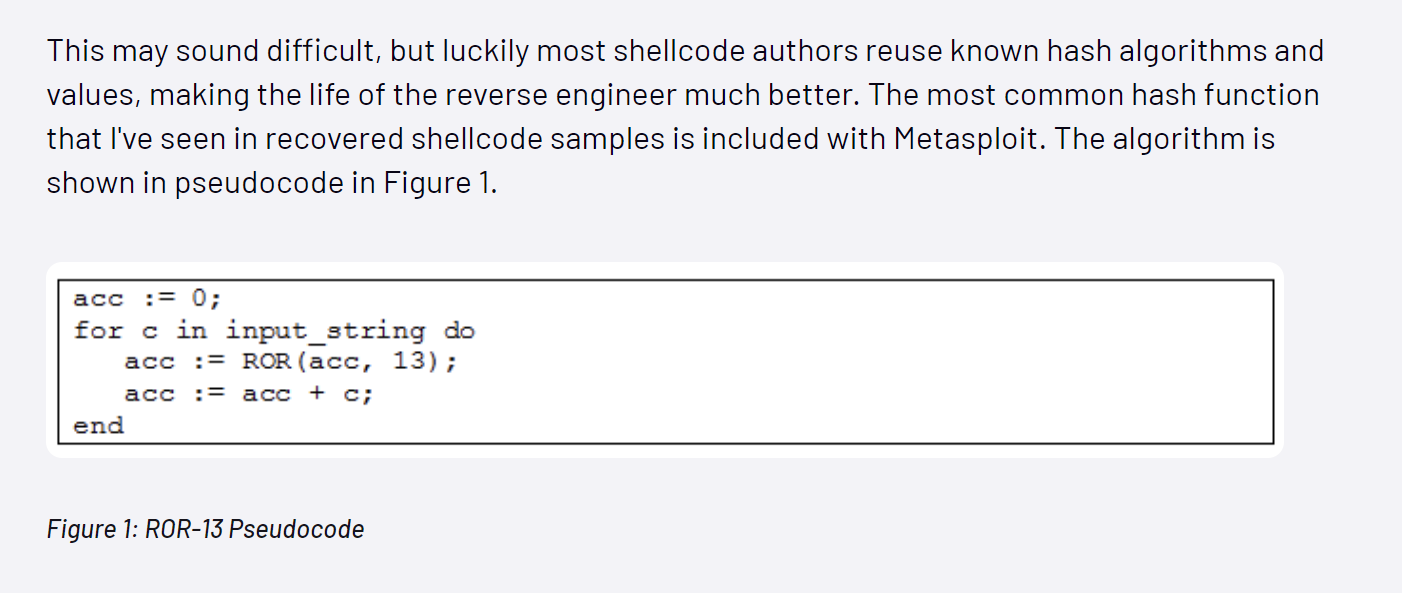 Mandiant blog pseudocode reference for ROR13 API hashing