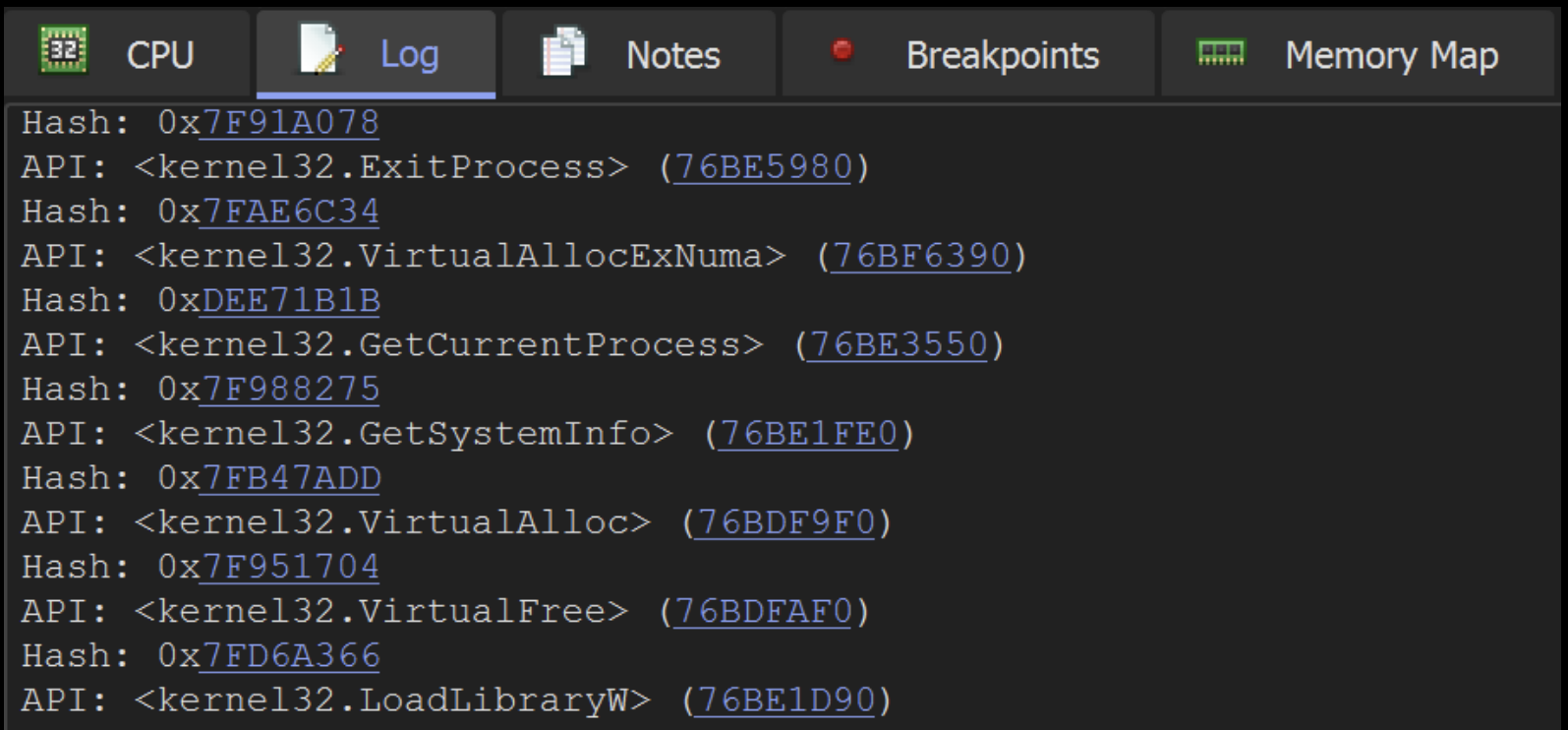 x32dbg conditional breakpoint configuration to automate hash logging