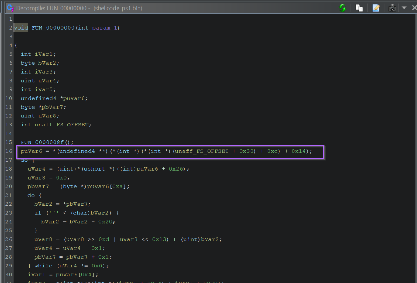 Ghidra view of TEB access pattern used to enumerate loaded DLLs