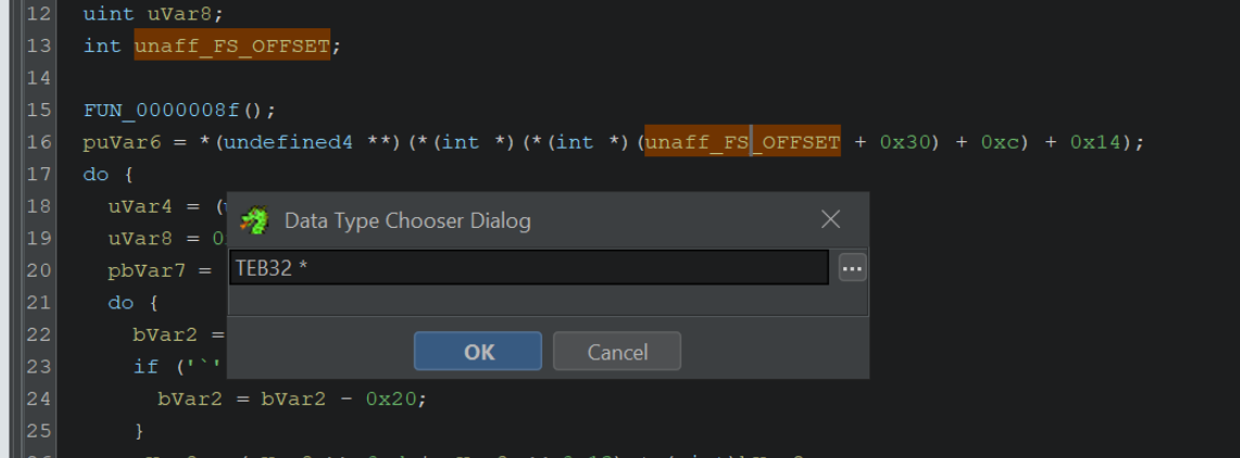 Ghidra right-click menu retyping a variable to TEB32 *