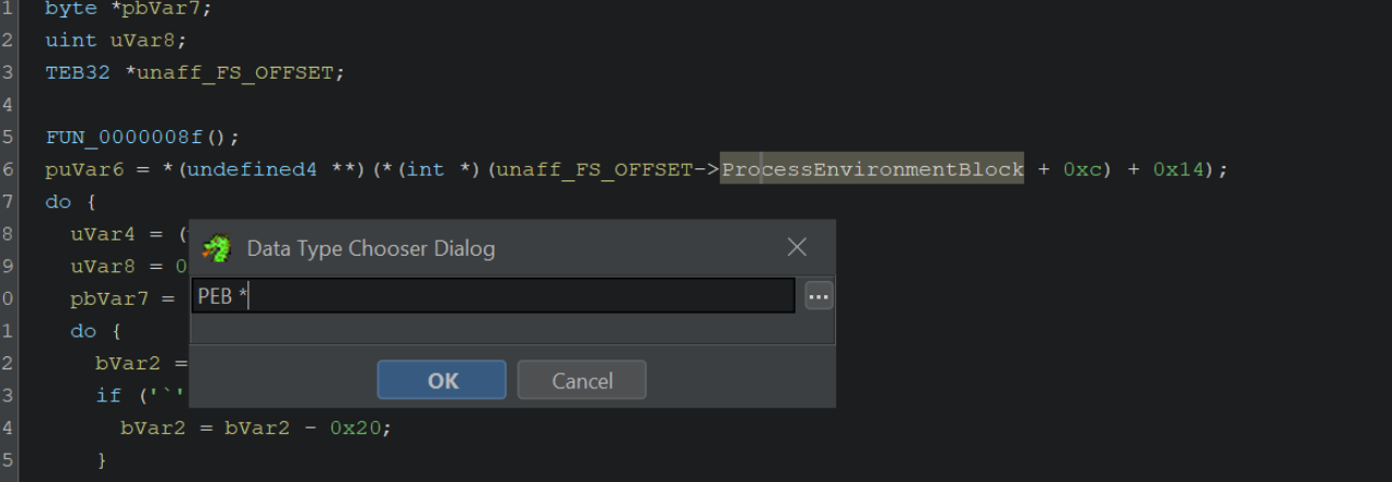 Ghidra retyping the ProcessEnvironmentBlock variable to PEB *