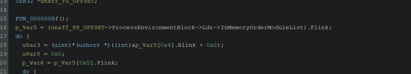 Ghidra decompiler view after retyping with named TEB and PEB structure offsets