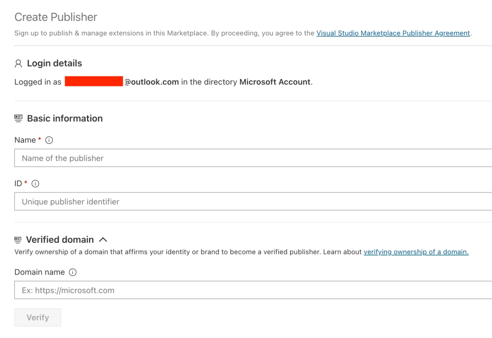 Visual Studio Marketplace publisher creation form