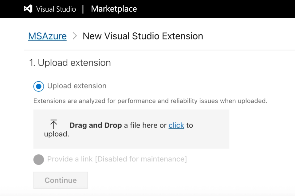 VSIX package upload form on the Visual Studio Marketplace