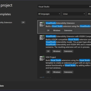 Visual Studio extension project template selection screen