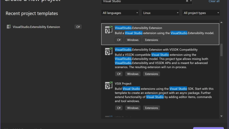 Visual Studio extension project template selection screen