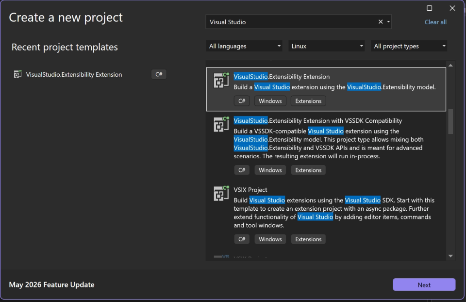 Visual Studio extension project template selection screen