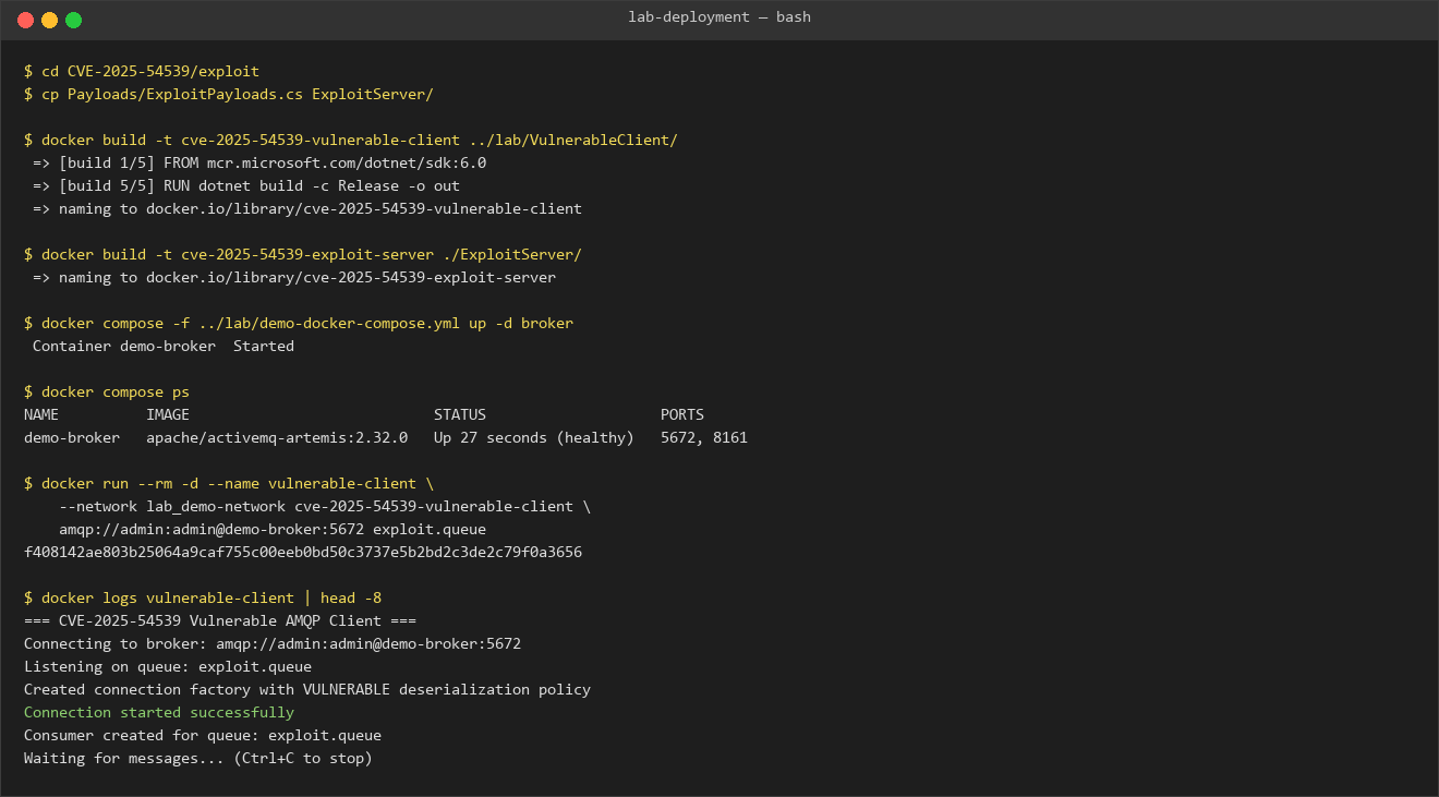 Lab deployment diagram for CVE-2025-54539 with broker, vulnerable client, and exploit server containers