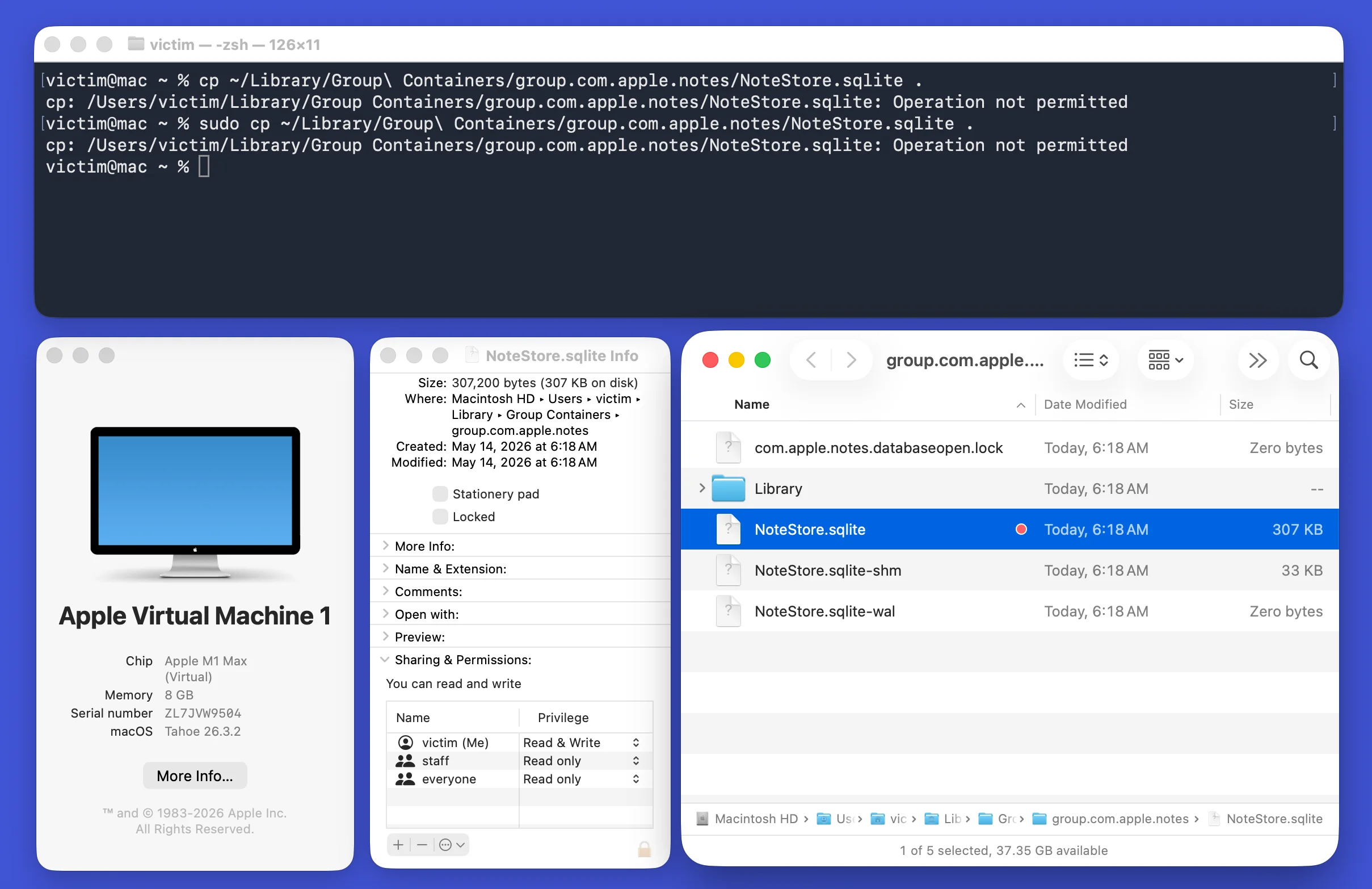 Terminal screenshot showing the macOS sandbox refusing a cp from Apple Notes container even with sudo
