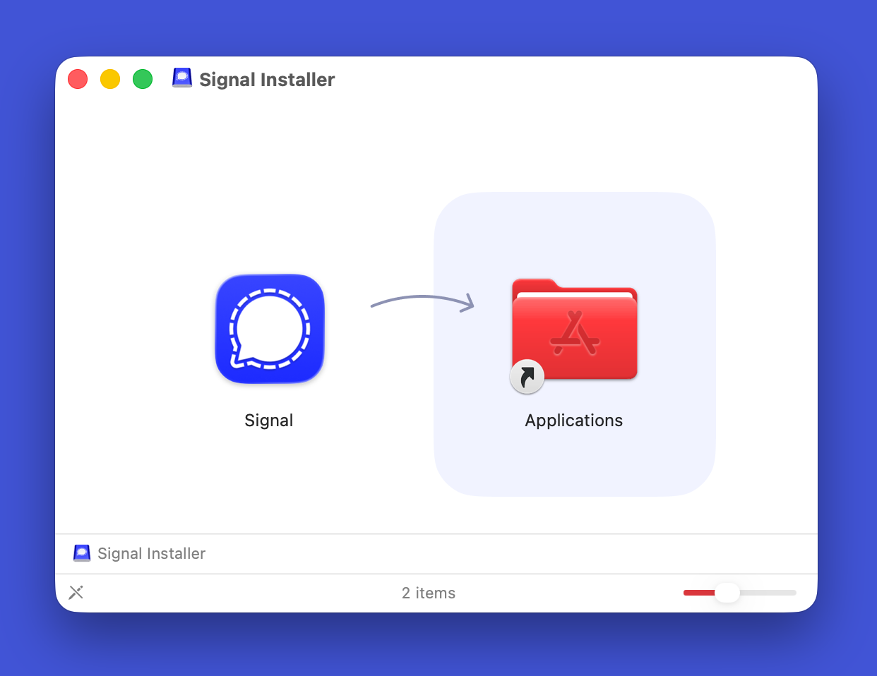 Typical macOS .dmg installer window with an app icon dragged onto an Applications-folder alias