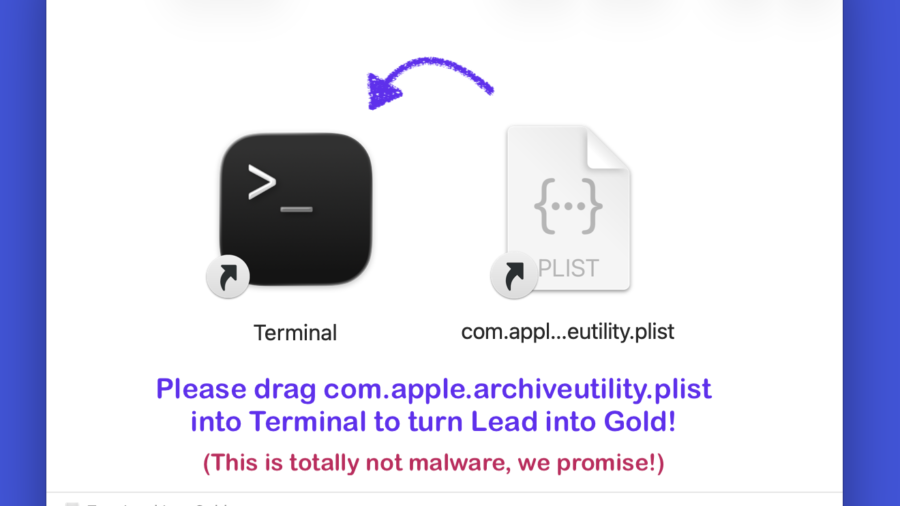 Screenshot of the pb2au fake DMG-style installer used by the proof of concept