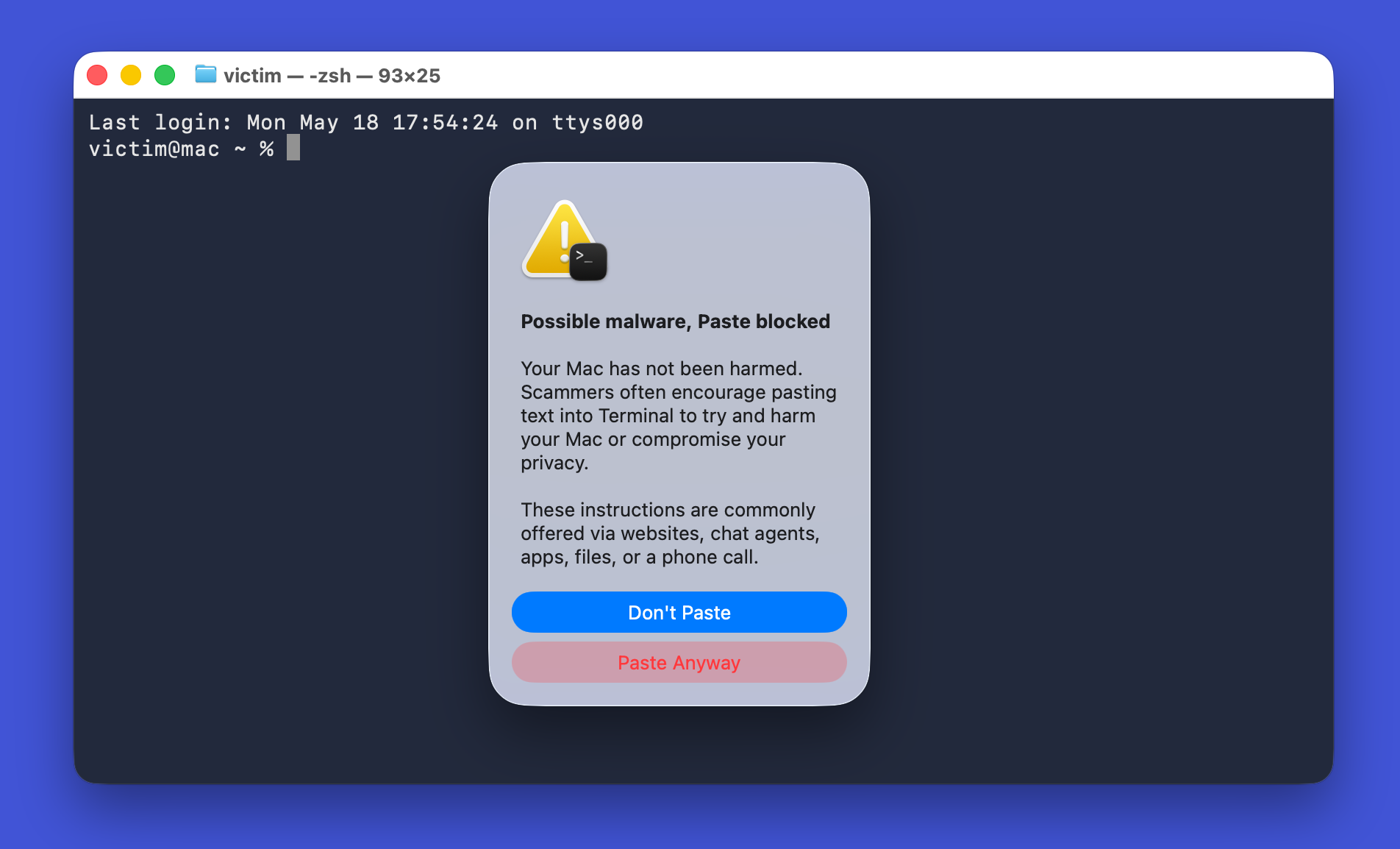 macOS 26.4 Terminal warning when pasting commands copied from a webpage