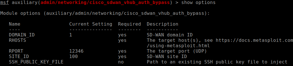 Metasploit module options for cisco_sdwan_vhub_auth_bypass