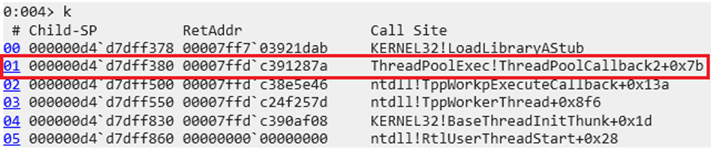Normal Callback call stack showing callback address visible in inspector