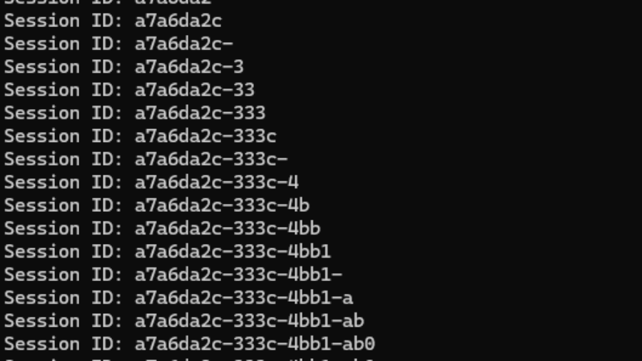 Script output showing character-by-character session ID extraction via SSRF