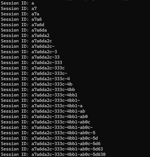 Script output showing character-by-character session ID extraction via SSRF