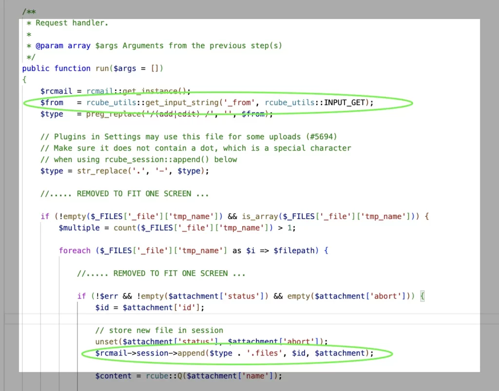 Snippet of vulnerable Roundcube PHP code processing the _from upload parameter before passing it to session storage