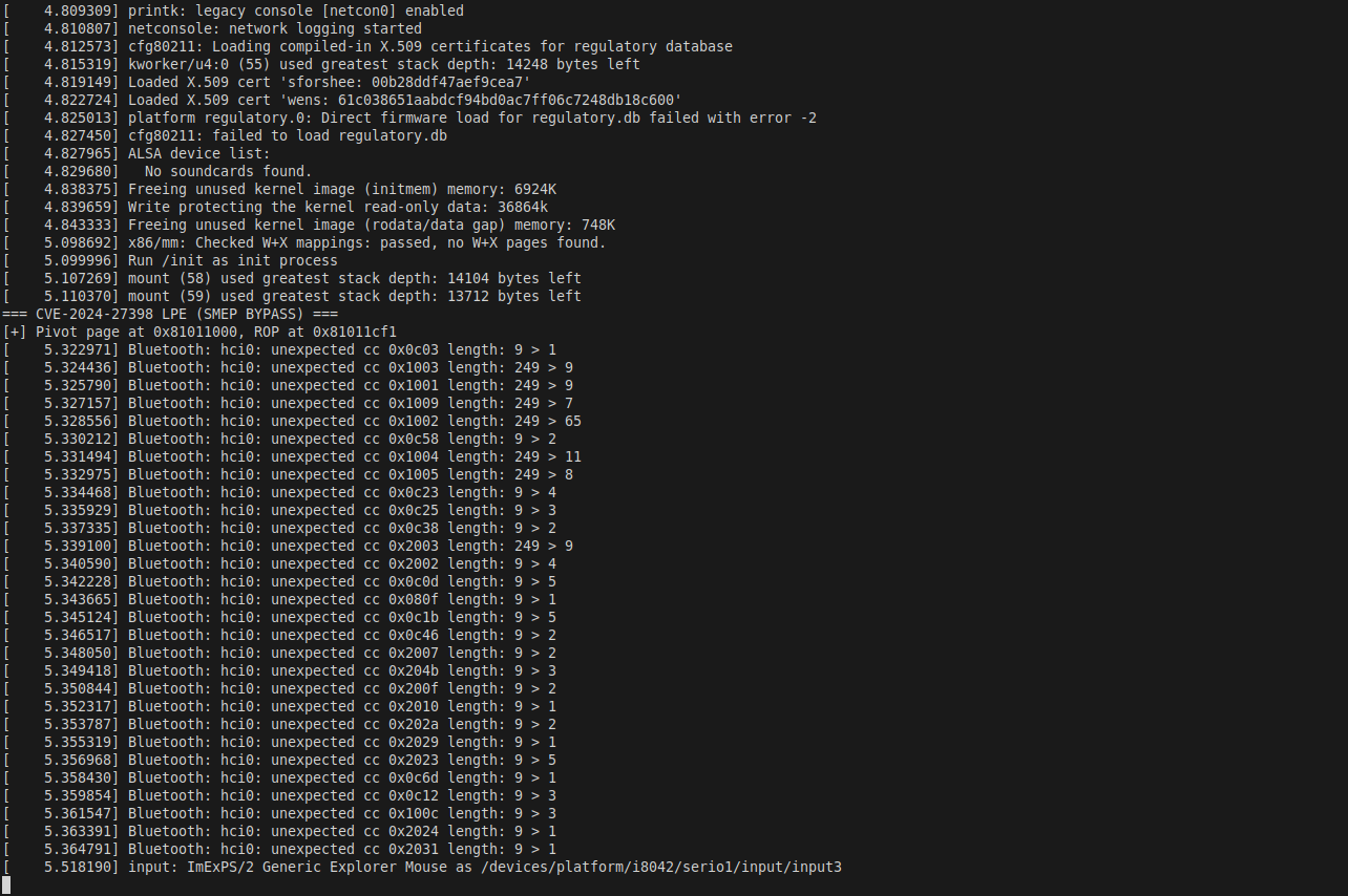 Figure 1 — Exploit startup. xchg eax,esp gadget at 0xffffffff81011cf1 selected and two userspace pages mapped