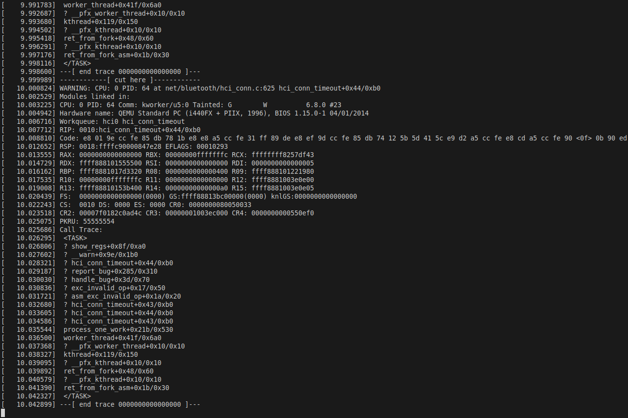 Figure 2 — HCI ready: virtual Bluetooth controller hci0 is up via /dev/vhci