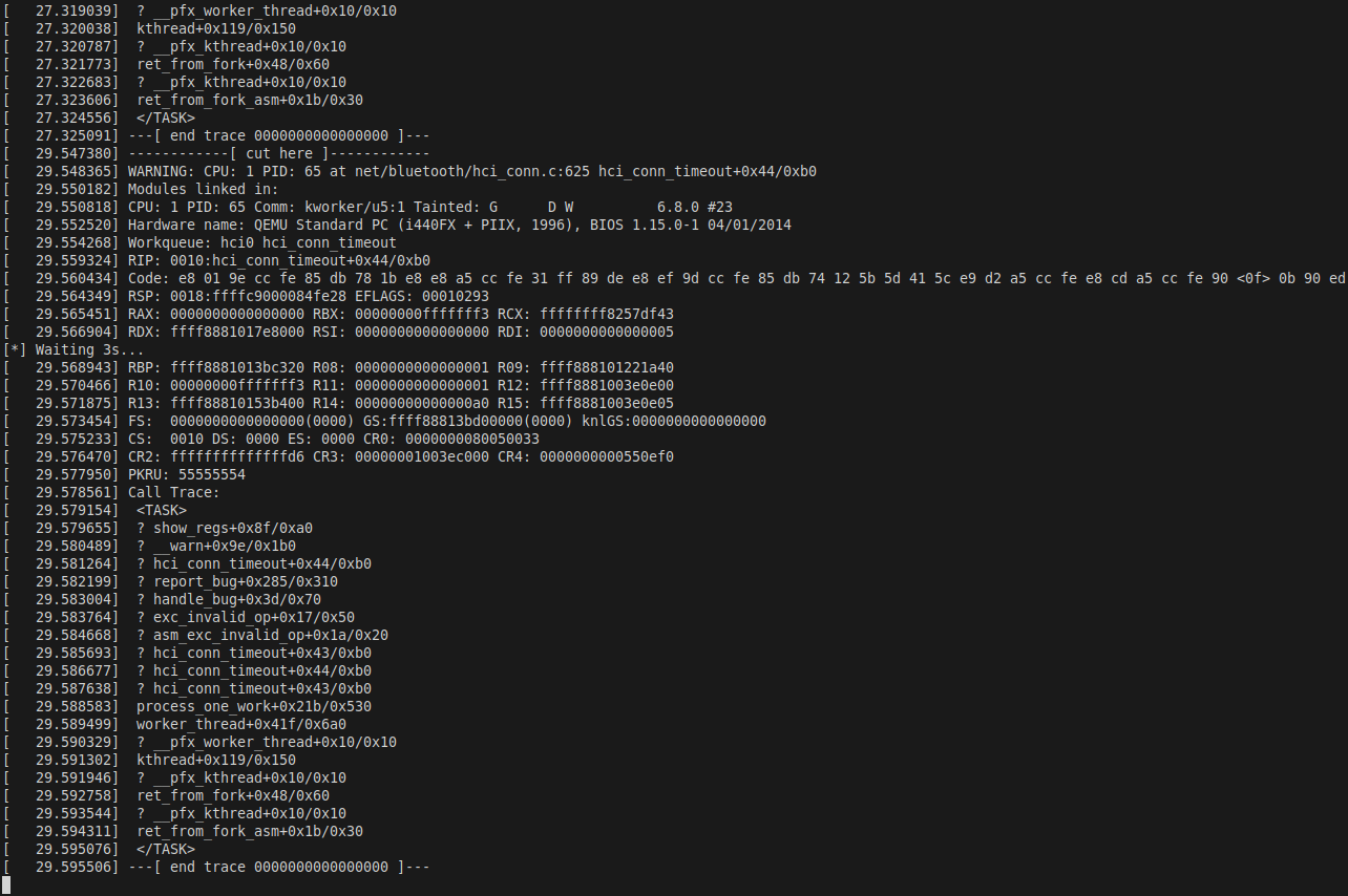 Figure 4 — Waiting 3 seconds for the SO_SNDTIMEO=2s orphan timer to fire on freed memory