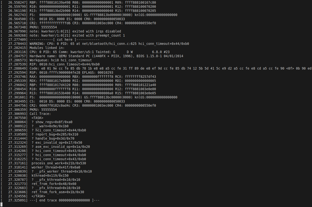Figure 7 — Kernel oops dump showing RIP=0x0 after the trailing ret sled