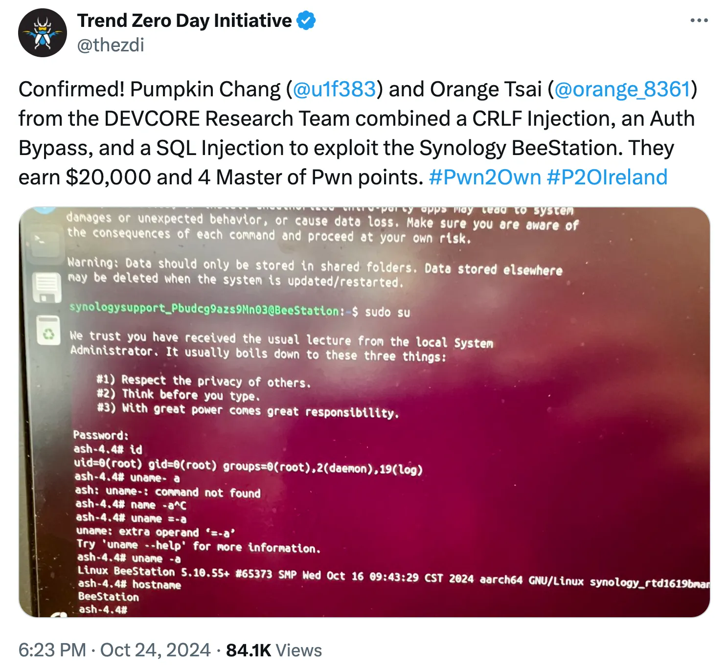 ZDI tweet announcing DEVCORE's Synology BeeStation chain at Pwn2Own Ireland 2024