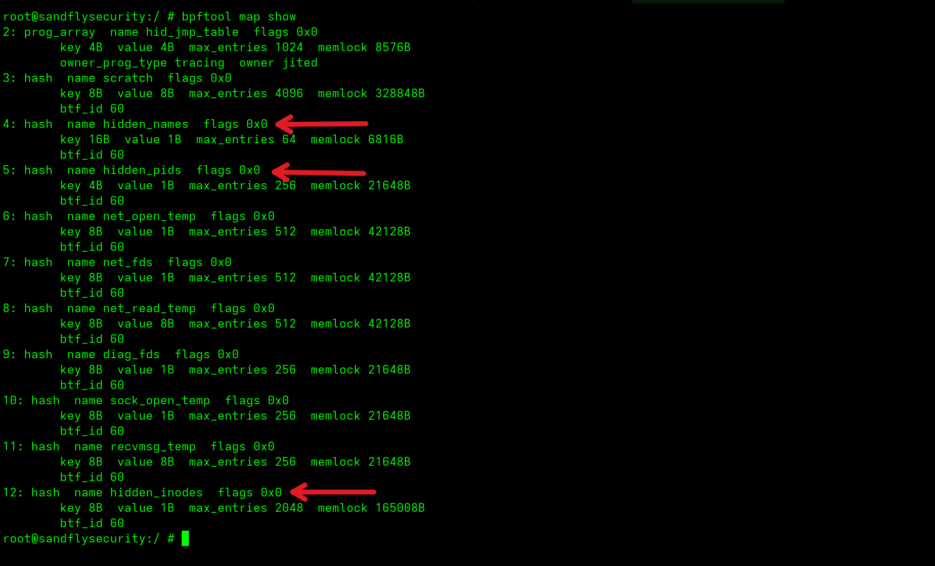 bpftool map show reveals hidden_names, hidden_pids and hidden_inodes maps.