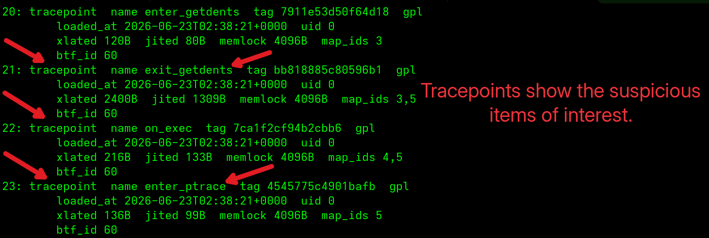 bpftool prog show captures malicious eBPF programs loaded in a rootkit.