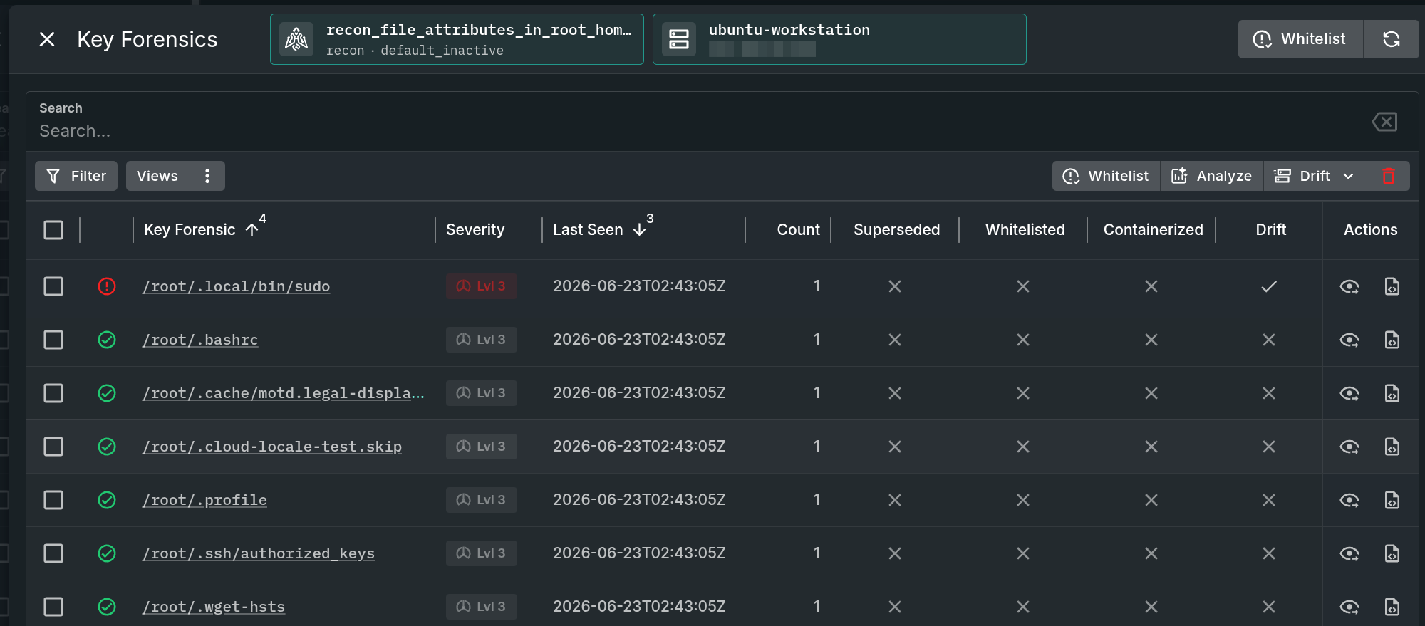 Drift detection finds malicious sudo command under the root user directory.