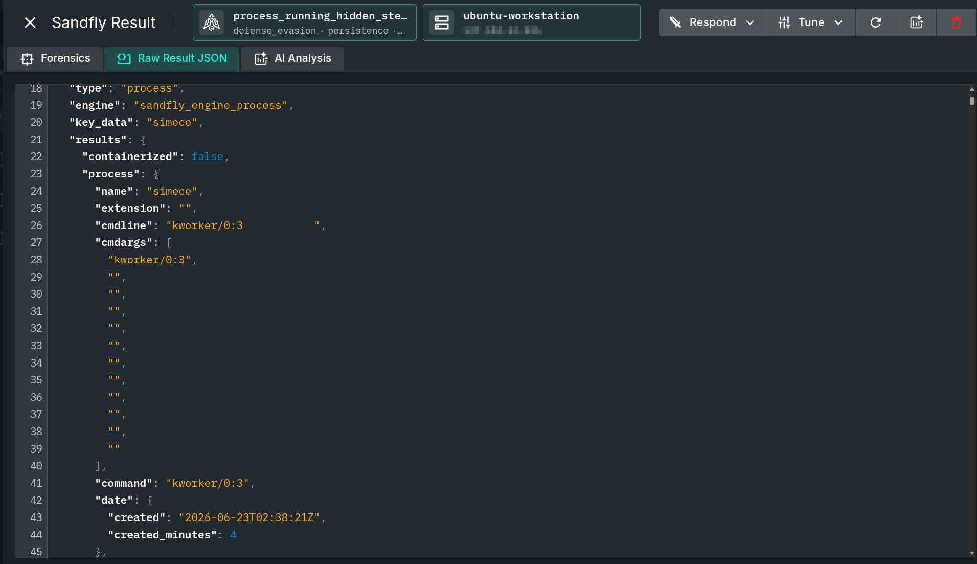 Scales eBPF rootkit process forensic data showing command-line name stomping.